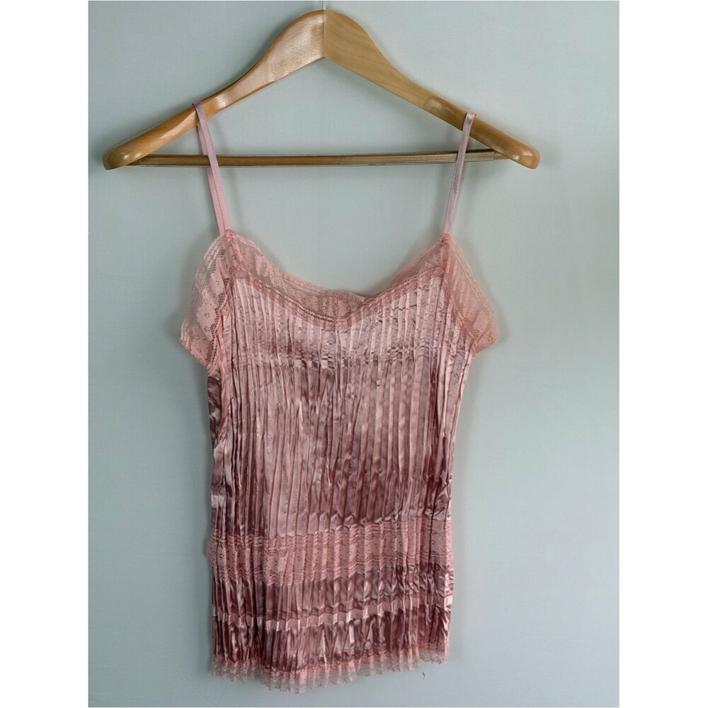 Pink Satin Lace Pleated Cami Tank Top Y2K Coquette Medium